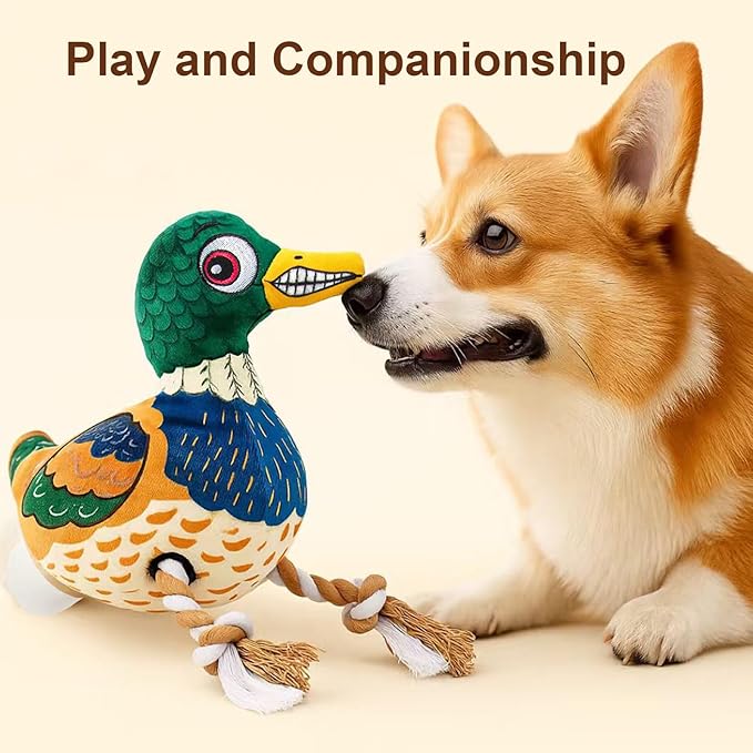 Duck Dog Toy – No Stuffing Durable Plush with Rope Legs & Crinkle Wings, Squeaky Duck Toy for Medium & Large Dogs, Tough Chew Toy for Interactive Tug & Fetch Play