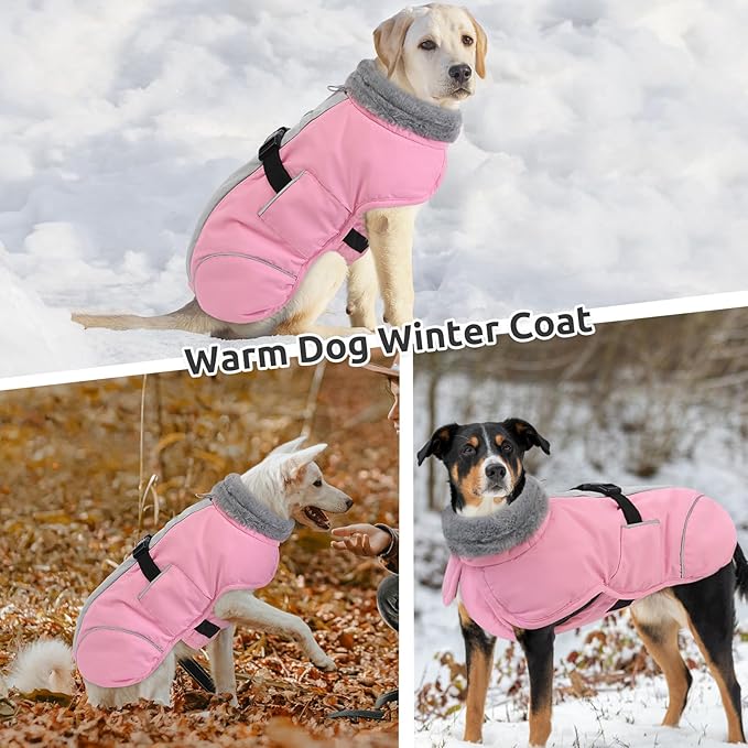 Queenmore Dog Winter Jacket, Fleece Lining Doggie Vests for Winter, Dog Coats for Medium Dogs Waterproof, Puppy Snowsuit with Leash Hole, Pink, M