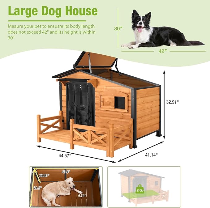 GUTINNEEN Outdoor Wooden Dog House with Metal Frame, Porch and Ventilation Window, Weatherproof Shelter for Small to Medium Dogs, 44.6" L x 41.1" W x 32.9" H (Brown)