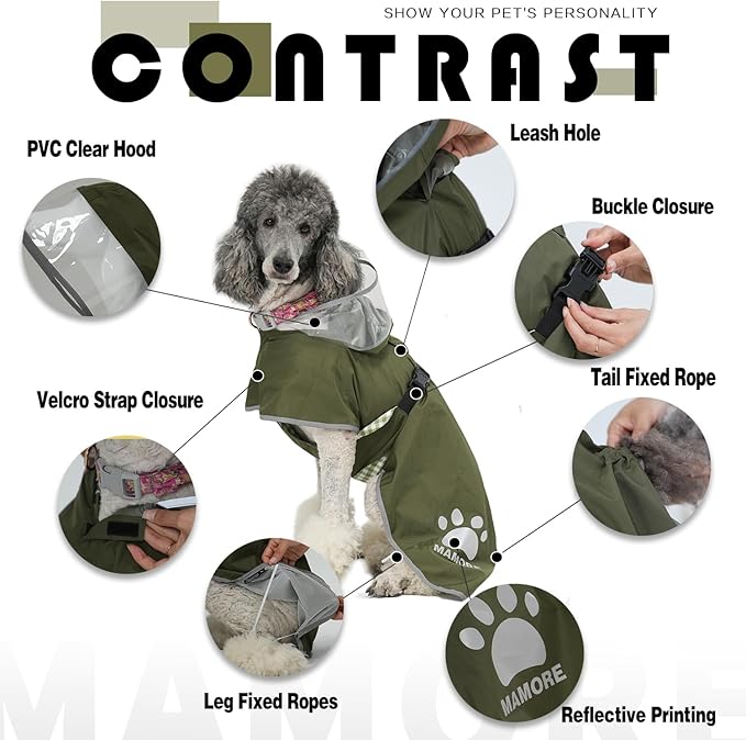 MAMORE Dog Raincoat Hooded Rain Jacket for Small Medium Large Dogs Slicker Poncho Bottom Waterproof Adjustable Reflective Breathable Leash Hole (Army Green, Large)