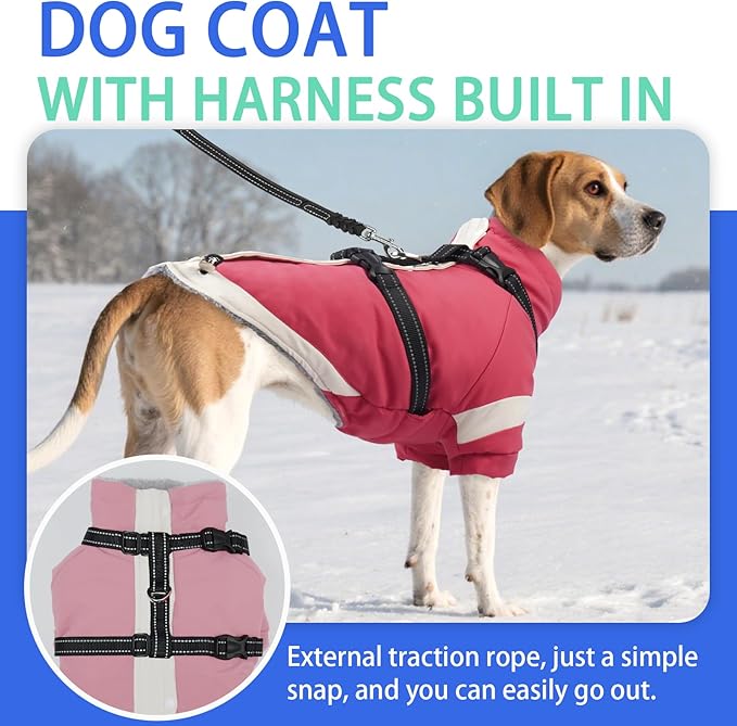 MIGOHI Dog Coat with Harness Built in, 2-in-1 Thermal Water-Resistant Dog Jacket, Windproof Reflective Snowsuit for Extra Large Dogs with High Collar, German Shepherd, Pink, 3XL