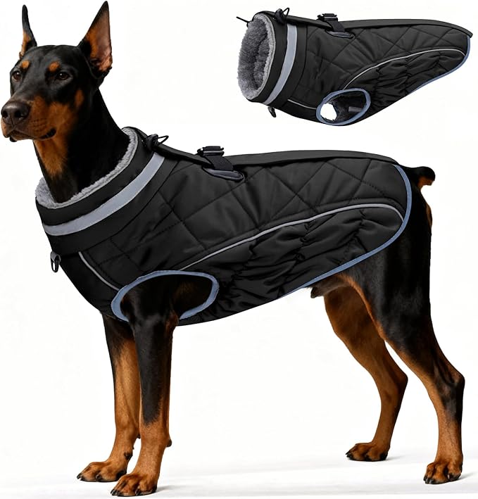 Dog Coat, Warm Dog Winter Coat for Large Dogs, Waterproof Jacket with Harness Built in, Reflective Turtleneck Cold Weather Coats with Zipper,Pet Fleece Vest Snow Jacket, Black XXL