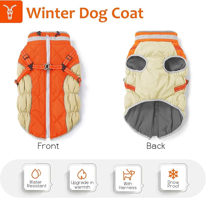 Dog Winter Coat with Harness, Dog Jacket, Pet Clothes with Zipper on Back, Waterproof Windproof Warm Vest, Reflective Cold Weather Coats, for Small Medium Large Dogs, Thick, Orange, S