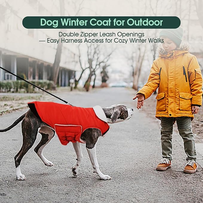 Kuoser Dog Coat Large, Cold Weather Reflective Waterproof Dogs Jacket with Warm Fleece Lining, Turtleneck Dog Winter Coat with Zipper, Doggy Snow Jacket Pet Coats for Small Medium Large Dogs, Red L