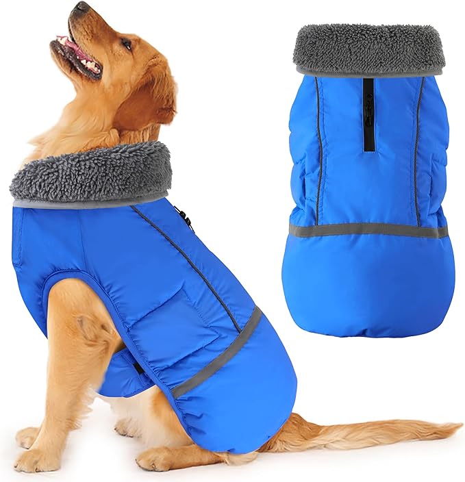 Dogcheer Warm Dog Coat, Waterproof Dog Jacket Christmas Puppy Winter Coat with Buckle, Reflective Adjustable Pet Snow Jacket Turtleneck Fleece Sweater for Small Medium Large Dogs - Blue, 2XL