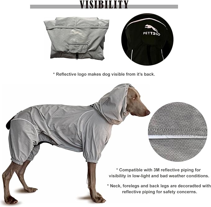 Dog Lightweight Windbreaker, Pet Outdoor Sports Jacket, 0.5 lbs,3 in One, Hooded, Easy on/Off with Collar and Harness, Reflective Piping, Packable, Dog Hiking/Camping, Grey (Medium)