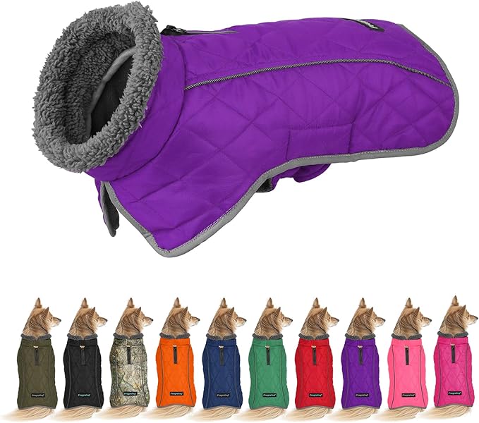 Fragralley Dog Coat Large, Waterproof Dog Jacket with Warm Fleece Lining, Adjustable Reflective Dogs Winter Coat, Turtleneck Pet Coats for Cold Weather (Purple XXL)