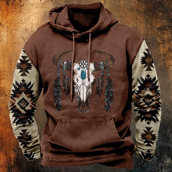 HOTYD Mens Western Aztec Sweatshirts Long Sleeve Fall Fashion Drawstring Pullover Vintage Graphic Cowboy Hoodie for Men