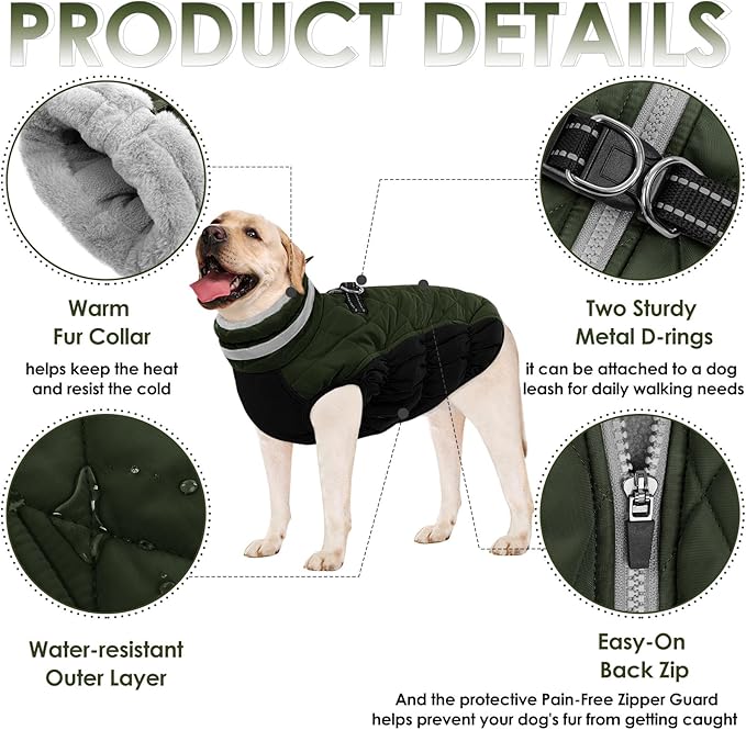 AOFITEE Dog Coat, Warm Dog Winter Coat for Small Dogs, Reflective Turtleneck Dogs Jacket with Harness Built in, Waterproof Windproof Pet Fleece Vest Snow Jacket for Cold Weather, Green S