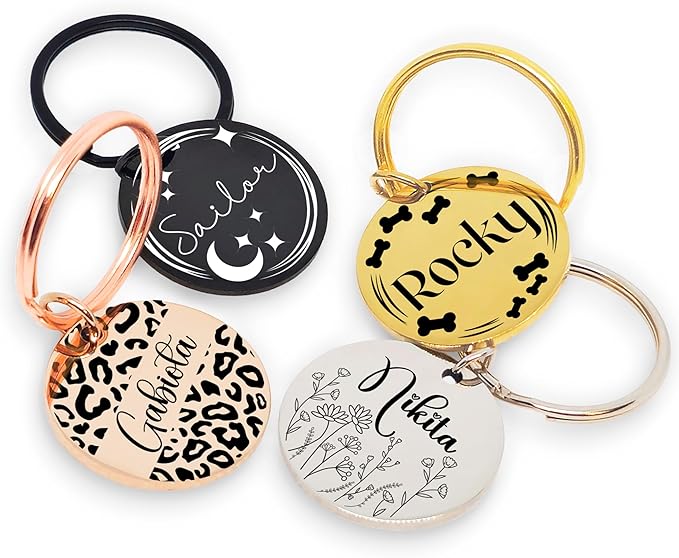 Lifetime Custom Engraved Dog ID Tag – Stainless Steel Pet Tag for Dogs & Cats, Double-Sided Personalization | Fits Collar, Harness, Leash (Golden Round)