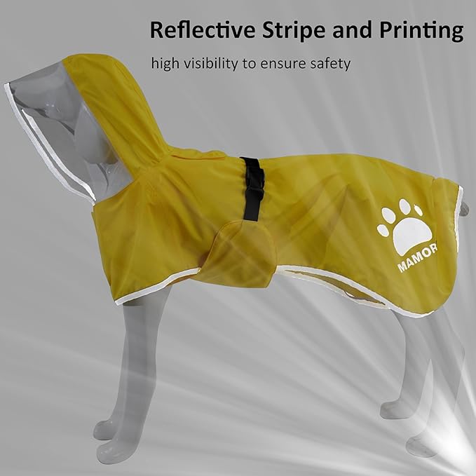 MAMORE Dog Raincoat Waterproof, Lightweight Adjustable Dog Rain Coat Hooded Poncho with Reflective Strip for Large Medium Small Dogs (Yellow, Large)