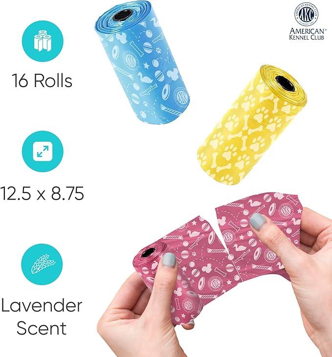 AKC Dog Poop Bags - Leak Proof Pet Waste Bags - 16 Refill Rolls - Lavender Scent - 240 Count (Toy Print)