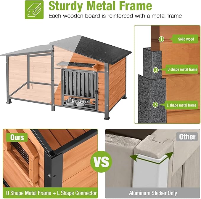 GUTINNEEN Extra Large 60" Heated Dog House Outdoor Insulated Dog Kennel with Safe Heated Pad, Chew-Proof Metal Frame and Rotating Food Bowl for Large Dog Breeds, 60" L x 36" W x35.4 H (Brown)