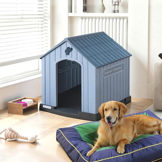 PUKAMI Large Dog House Outdoor Indoor, Plastic Dog House Weatherproof for Large Dogs, Study Puppy Shelter with Air Vents and Elevated Floor, Easy Clean and Assemble (Blue, 31.5"D x 33.5"W x 33.9"H)