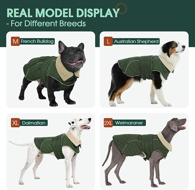 Kuoser Extra Warm Dog Jacket, Windproof Fleece Lined Turtleneck Snowsuit for Dogs, Easy On/Off Dog Coats for Medium Large Dogs, Quilted Cold Weather Pet Winter Coat Thermal Clothes, Green L