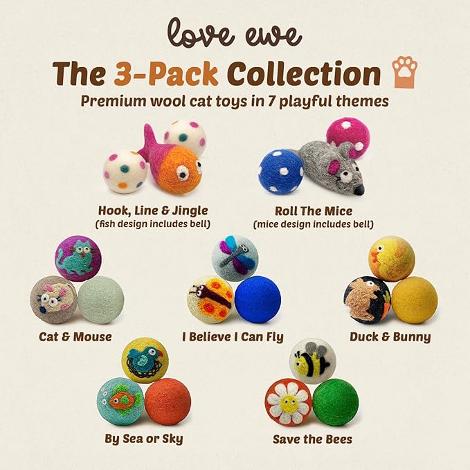 Hustle & Blush Wool Felt Balls 3 Pack Love Ewe Pet Supplies - 2 in Felted Wool Cat Toys 100% New Zealand Wools Felt Cat Toys Handmade Wools Felts Balls, Cats Felts Ball with Bell - Hook, Line & Jingle