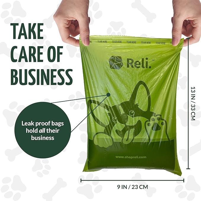 Reli. Biodegradable Dog Poop Bags w/Holder (360 Count - 24 Rolls) | 9x13" Large Dog Bags for Poop w/Dispenser | Green Eco-Friendly | Oxobiodegradable Pet Waste Disposal Refills (Unscented)