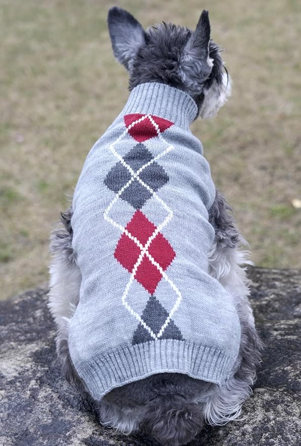 Alemon Grey Argyle Knit Pet Sweaters Clothes for Medium Dogs, Classic Gray Large (L) Size