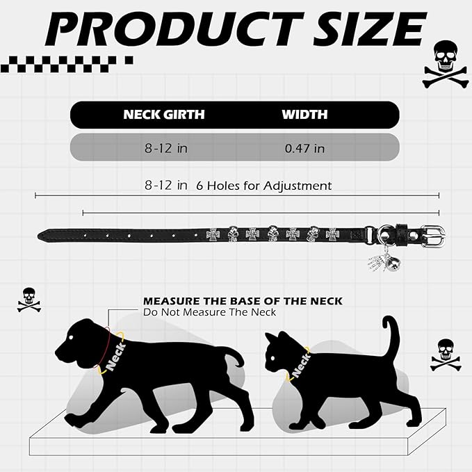 EXPAWLORER Halloween Cat Collar for Girl Boy- Adjustable Leather Pet Collar with Safety Elastic Belt,Personalized Punk Accessories Buckle Collars with Bell & Durable D-Ring, Skull(Black)