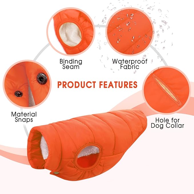 ASENKU Dog Winter Coat - Waterproof Windproof Dog Jacket, Warm Snowproof Doggie Puffer Vest for Cold Weather, Lightweight Snow Coats for Small Medium Large Dogs(Orange, XS)