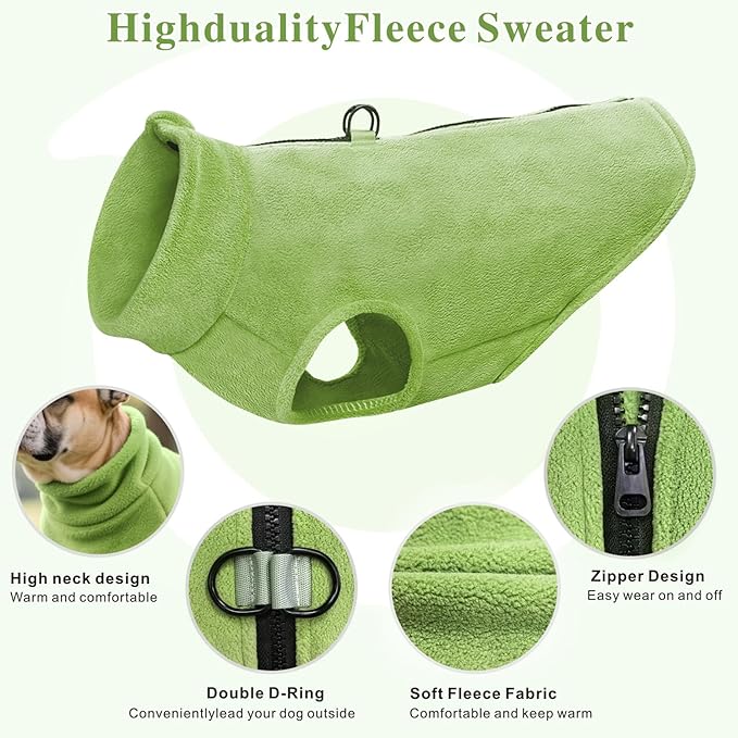 Idepet Dog Fleece Vest Sweater Zip Up Warm Pullover Dogs Jacket with D-Ring Leash Winter Cold Weater Coat Pet Sweatershirt Clothes Hoodie for Small Medium Dogs Boy Girl(Green,L)