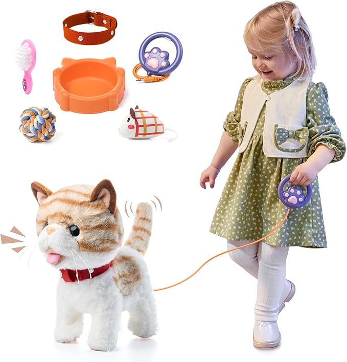 OR OR TU Walking Talking Toy Cat with Remote Control Leash, Plush Pet Electronic Interactive Toys for Kids, Wag Tail, Singing, Pretend Dress Up Realistic Stuffed Cat Age 3 4 5+ Years Old Best Gift