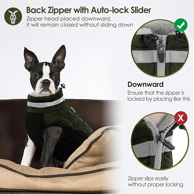 AOFITEE Dog Coat, Warm Dog Jacket, Reflective Winter Coats for Medium Dogs, Turtleneck Dogs Winter Jacket with Harness Built in, Waterproof Windproof Pet Fleece Vest Puffer Jacket, Green M