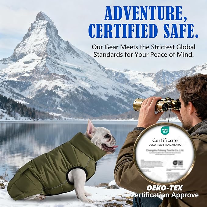 Dog Winter Jacket Waterproof, Reflective Fleece Lined Dog Coats for Small Medium Large Dogs, Warm Snow Coat for Dogs, Insulated Cold Weather Dogs Puffer Jackets with Leash Hole, Olive, L