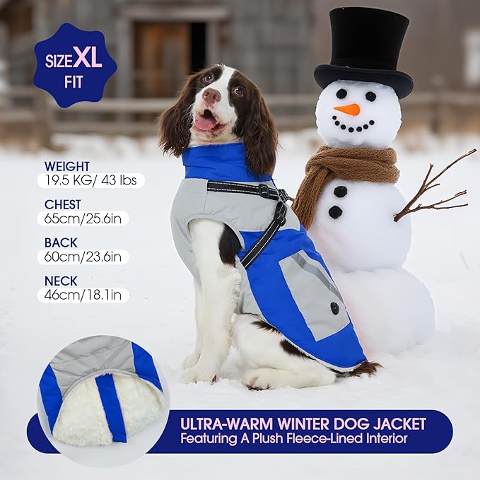 FUAMEY Dog Winter Jackets for Small Dogs,Dog Coat with Harness Built in,Waterproof Dogs Snowsuits Warm Pet Jacket Zip Up Fleece Cold Weather Coats Reflective Puppy Vest with Pocket Blue S