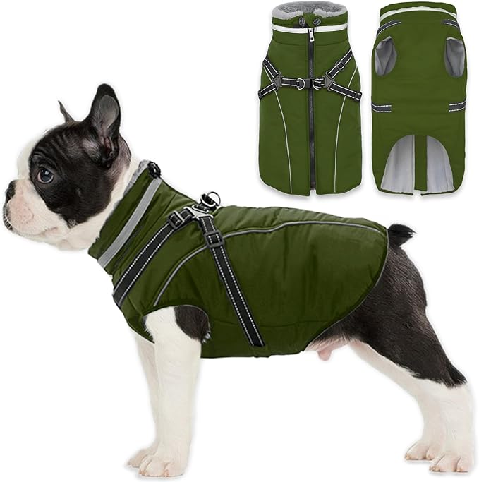 Fragralley Dog Coat with Harness Built in, Waterproof Windproof Reflective Warm Puffer Jacket, Fleece Lined Vest Winter Parka for Small, Medium, Large Dogs