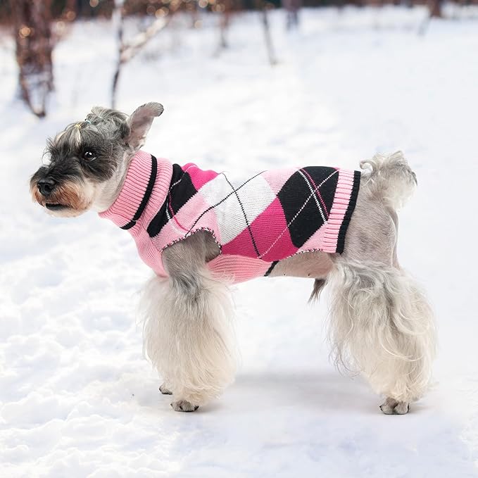 KOOLTAIL Dog Sweater Pet Knitted Clothes - Classic Plaid Pull Over Turtleneck Dog Sweaters with Leash Hole Warm Dogs Winter Clothing for Small Medium Dogs Cats Puppy ML