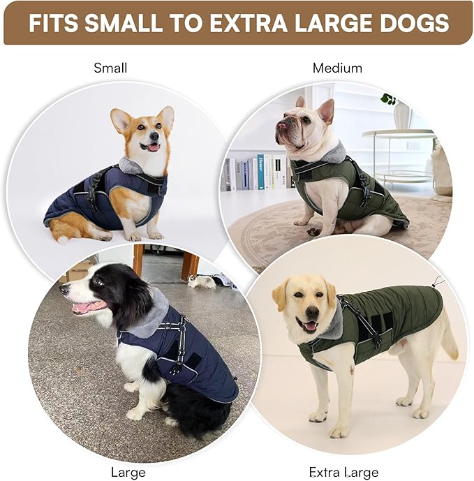 Queenmore Winter Dog Jackets for Extra Large Dogs with Harness Built-in, Waterproof Puffer Coat for Large Breed, Pet Snow Jacket for Winter/Cold Weather - Fleece Easy On Reflective, Green XL