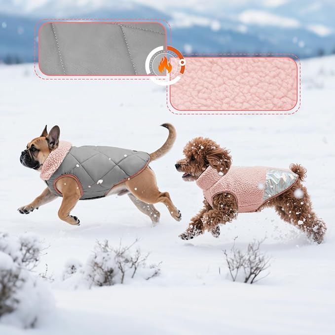 EMUST Dog Jacket, Warm Reversible Dog Winter Coat with Fleece Lining, Thick Plush Puppy Coats, Pink, XL
