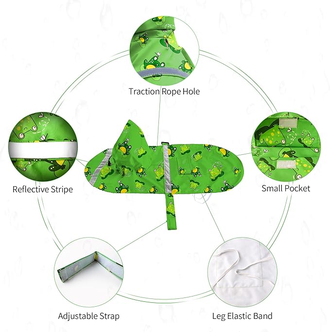 NACOCO Large Dog Raincoat Adjustable - Pet Frog Water Proof Clothes Lightweight Rain Jacket Poncho Hoodies with Strip Reflective Green (2XL, Green Frog)