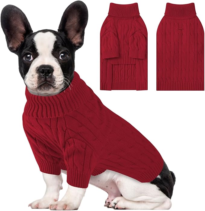 Small Dog Thermal Pullover Sweater, Classic Turtleneck Cable Knitwear Dog Clothes for Cold Weather Warm Pet Clothes for Chihuahua, Bulldog, Dachshund, Pug Red Large