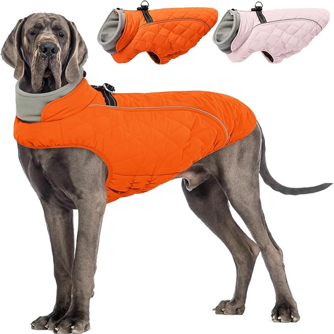 Dog Coat with Harness Built in -Orange,2XL- Fleece Lined Dog Snow Jacket Snowsuit，Adjustable Reflective Winter Warm Cold Weather Coat