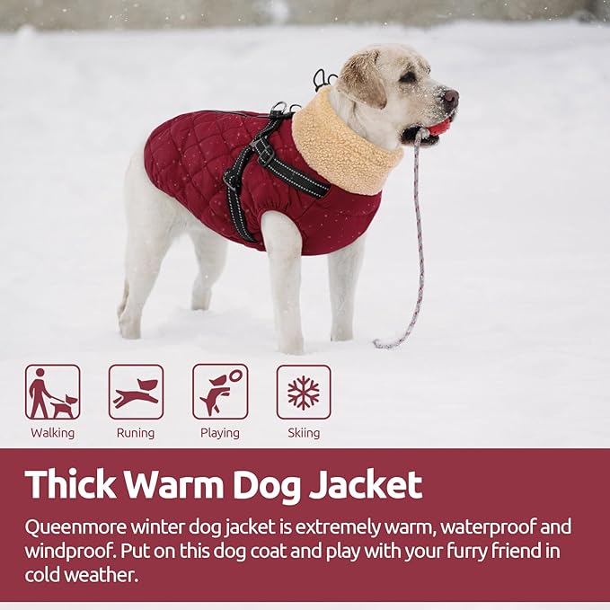 Queenmore Dog Jackets for Medium Dogs, Dog Coat with Harness Built in, Waterproof Pet Winter Coat with Zipper On Back Doggy Snowsuits Warm Soft Pet Jacket for French Bulldog, Poodle, Corgi, Burgundy M