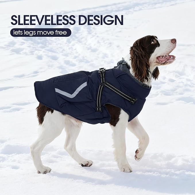 FUAMEY Winter Coat for Dogs Fleece Lined, Extra Large Cozy Dog Jacket with Harness, Turtleneck Doggy Warm Clothes Cold Weather Snow Outfits Reflective Strips, Beagle, Corgi (Dark Blue, XL)