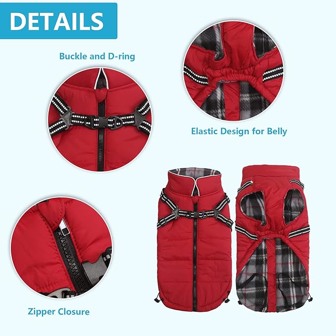 Winter Warm Coat Geyecete Waterproof Jacket with Harness Traction Belt,Pet Outdoor Jacket Dog Autumn and Winter Clothes for Medium, Small Dog-Red-M