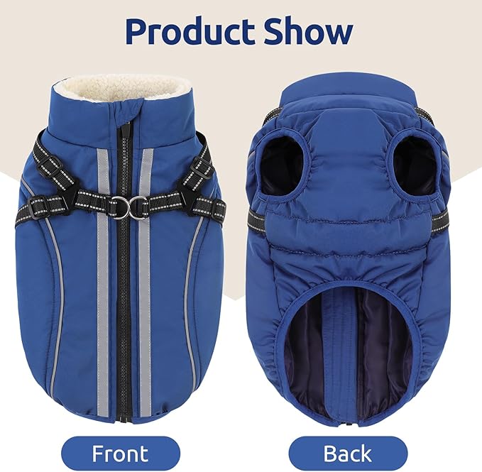 Dog Winter Coat with Harness Built in Warm Puffer Dog Jackets for Small Medium Large Dogs Windproof Waterproof Outfit with Plush Lining and Reflective Stripes (Blue, 2XL)