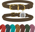 BronzeDog Rolled Leather Dog Collar with QR ID Tag, Adjustable Soft Round Collars for Small Medium Large Dogs Puppy (16" - 19" Neck Size, Nut Brown)