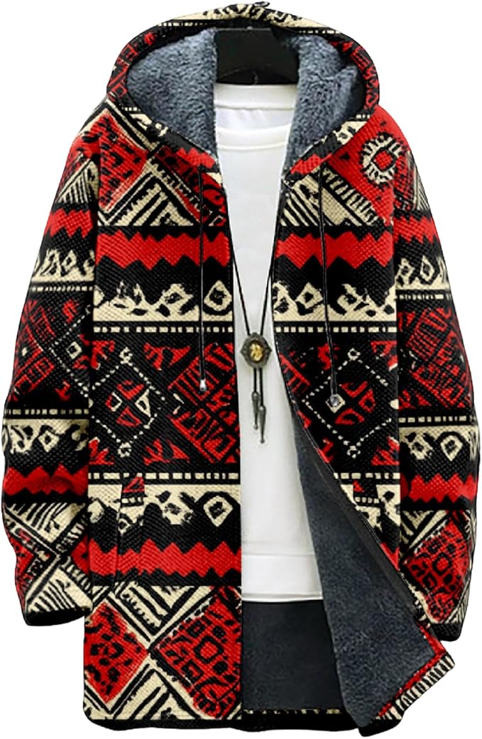 Mens Aztec Print Hoodie Heavyweight Cotton Fleece Jacket Zip Up Warm Long Sleeve Hooded Winter Midi Coat
