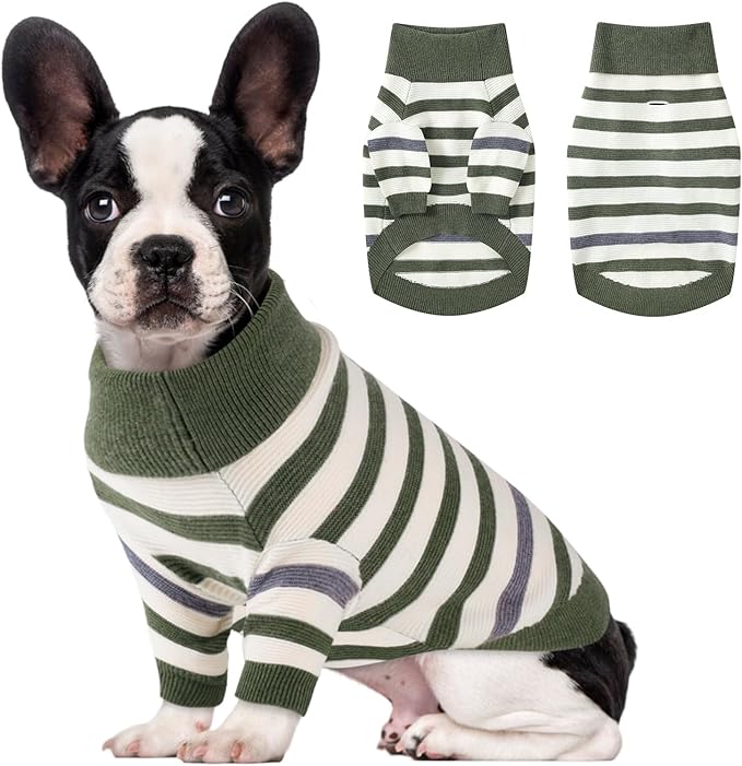 Small Dog Sweater, Knitted Striped Pullover Dog Clothes for Cold Weather, Thick Warm Cozy Stretchy Sweater for Chihuahua, Bulldog, Dachshund, Pug(Green & White Strip, S)