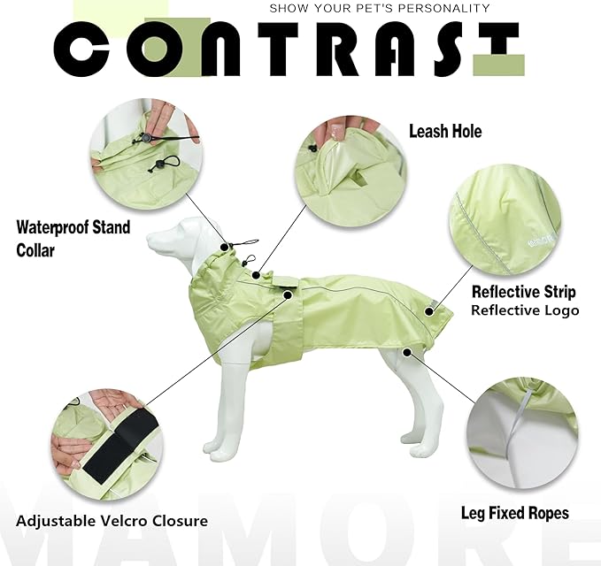 Waterproof Dog Raincoat with Reflective Strip, Adjustable Breathable Rain Coat Jacket with Leash Hole for Dogs (Light Green, XXX-Large)
