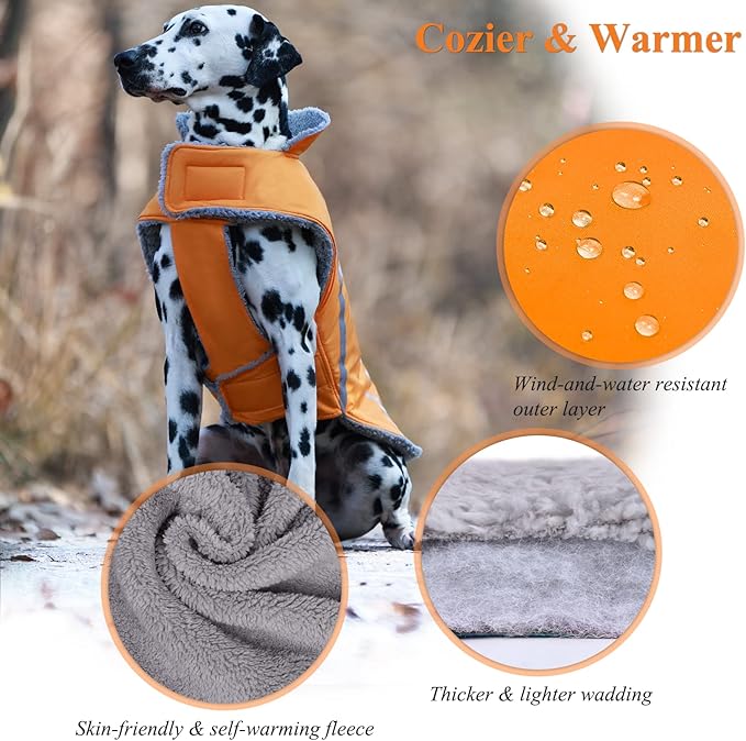 VIVAGLORY Frostfit Dog Coat, Dog Jacket for Winter & Cold Weather, Warm Fluffy Fleece Lined Water Resistant Reflective for Puppy, Coat with Velcro Fastening & Leash Hole, XL, Orange