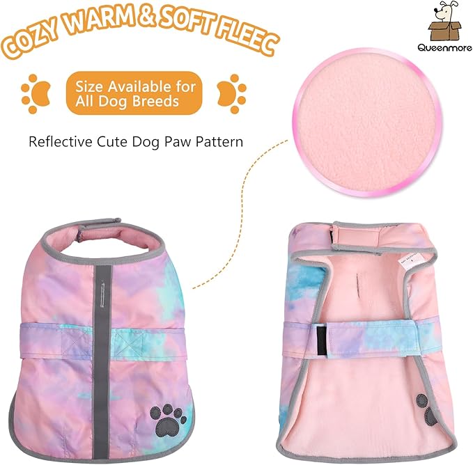 Queenmore Dog Winter Coat, Cold Weather Fleece Jacket for Dogs, Waterproof Reflective Reversible, for Small, Medium and Large Dogs (Tie-Dye, XS)