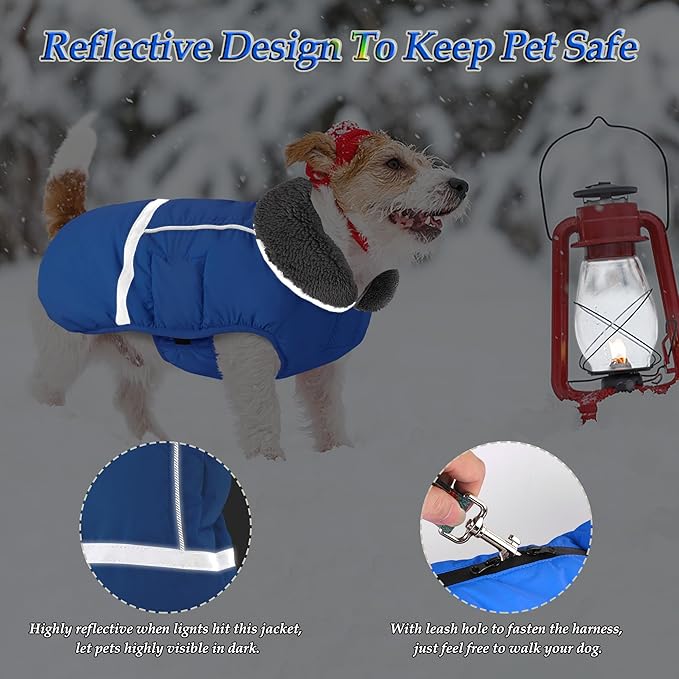 Dogcheer Warm Dog Coat, Waterproof Dog Jacket Christmas Puppy Winter Coat with Buckle, Reflective Adjustable Pet Snow Jacket Turtleneck Fleece Sweater for Small Medium Large Dogs - Blue, 2XL