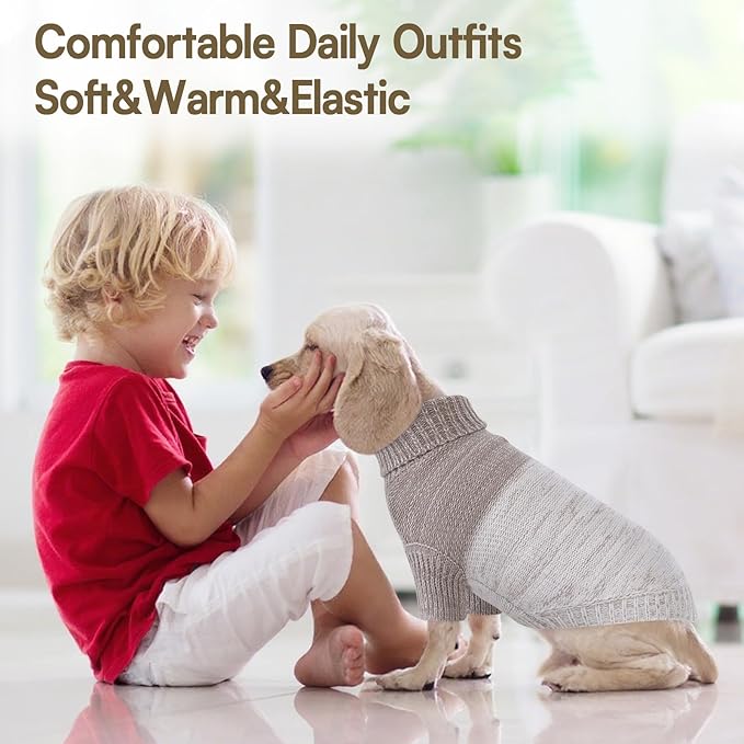 Queenmore Small Dog Sweater, Knitted Pullover Puppy Sweater,Cold Winter Pet Sweaters for Dog Girls Boys, Soft Turtleneck Knit Sweater with Leash Hole,Long Sleeves Christmas DogSweater(Khaki,S)