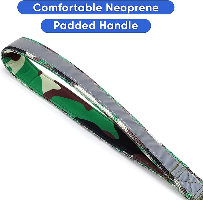 Pawtitas 6 FT Padded Dog Leash with Comfortable Neoprene Padding Handle - Camo Green Lead | Medium Reflective Dog Leash with Highly Reflective Band Perfect for Medium and Large Dogs and Puppies.