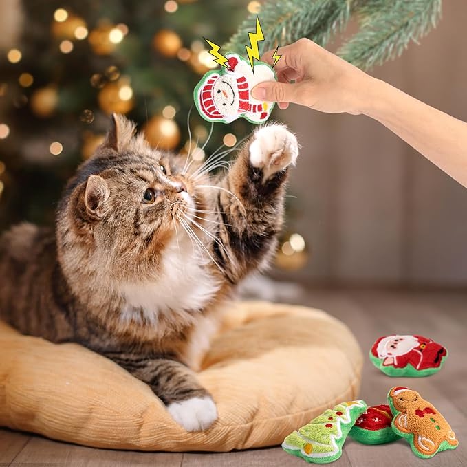 Retro Shaw 5Pcs Christmas Catnip Toys, Crinkle Sound Cat Toys for Indoor Kittens Kitty, Fun Cat Gift Interactive Cat Nip Kicker Teeth Cleaning Pet Toy for All Breeds